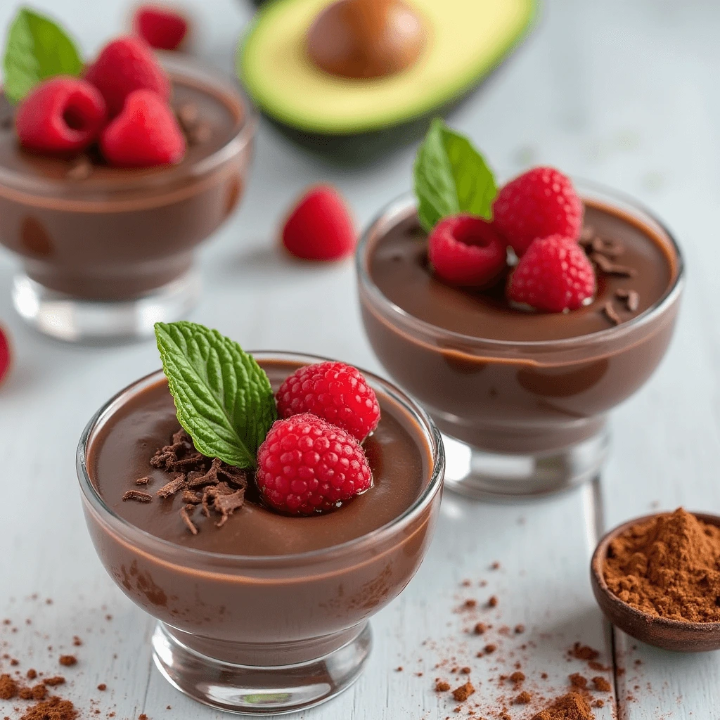 Close-up of smooth avocado chocolate pudding with fresh avocados and cocoa powder in the background.