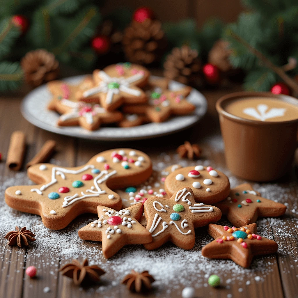 A plate of classic gingerbread cookies shaped like stars and gingerbread men, with a festive snowy background.