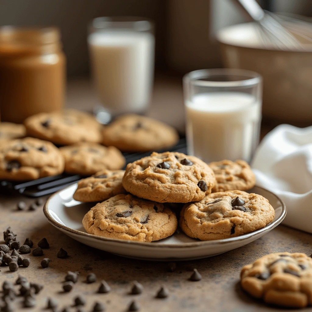 Delicious soft and chewy peanut butter chocolate chip cookies served on a plate with milk and baking ingredients in the background.