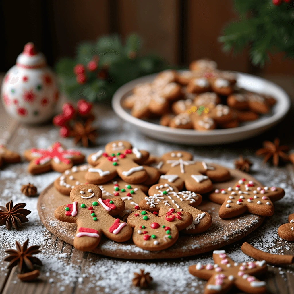 Close-up of gingerbread cookies decorated with royal icing and colorful sprinkles, perfect for the holidays.