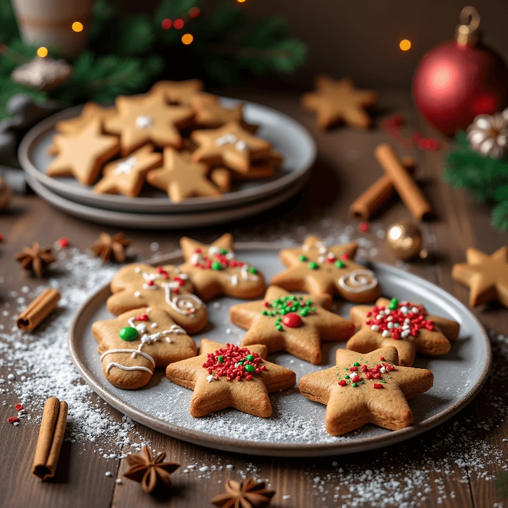 Holiday gingerbread cookies with intricate icing designs and sprinkles, placed on a rustic wooden table with cinnamon sticks.