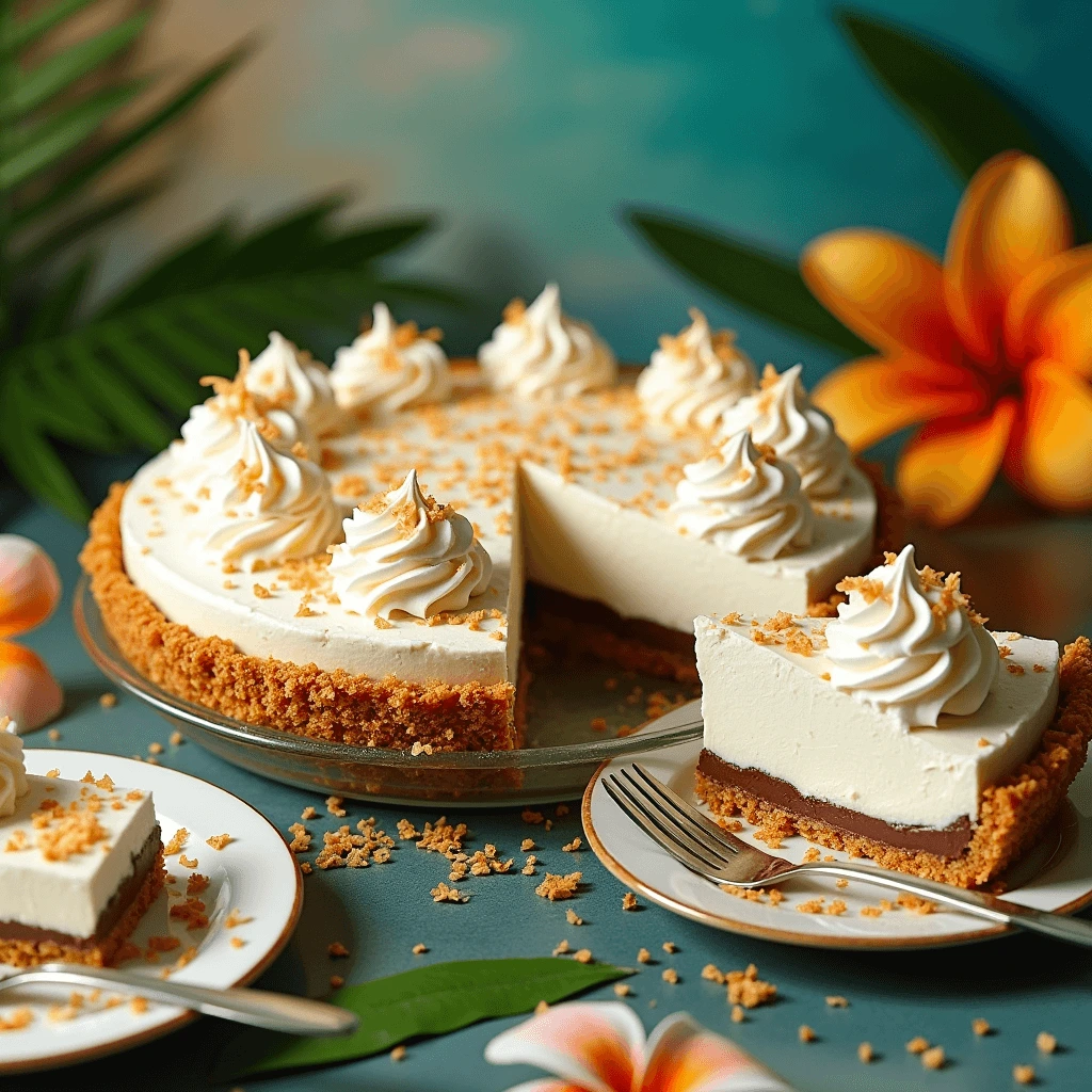 Delicious Haupia Pie with a graham cracker crust, creamy coconut filling, and topped with whipped cream and toasted coconut flakes.