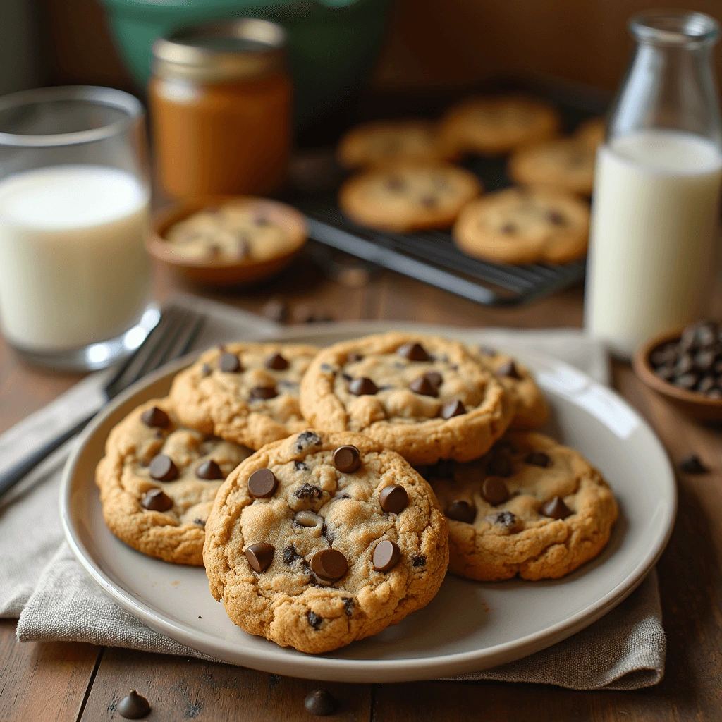 Freshly baked soft and chewy peanut butter chocolate chip cookies on a plate with a glass of milk and a cooling rack in the background.