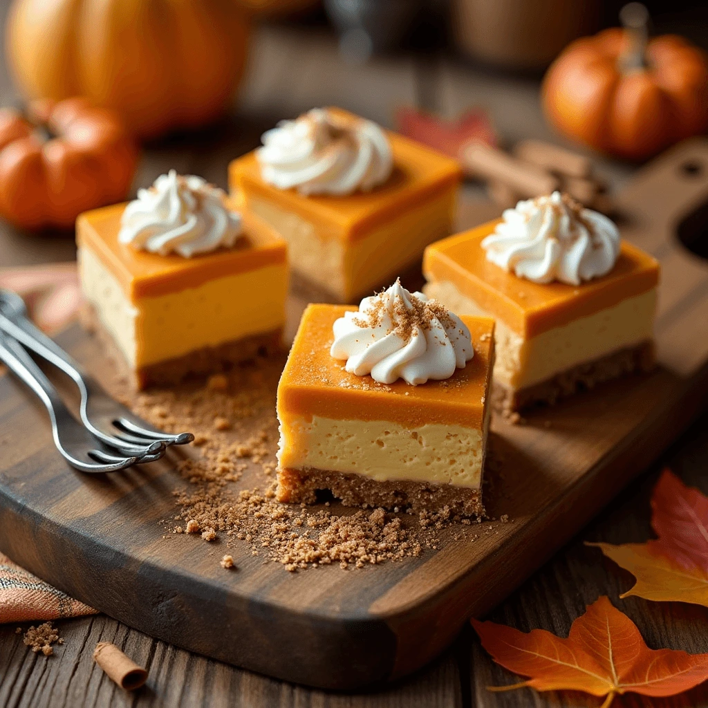 Close-up of Pumpkin Cheesecake Bars topped with whipped cream and cinnamon