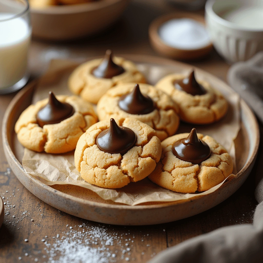 Freshly baked Peanut Butter Blossoms with golden-brown cookies and chocolate kisses on a wooden platter.