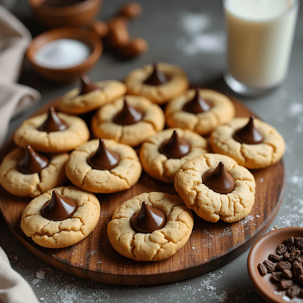 Close-up of soft, chewy Peanut Butter Blossoms dusted with sugar and topped with glossy chocolate.