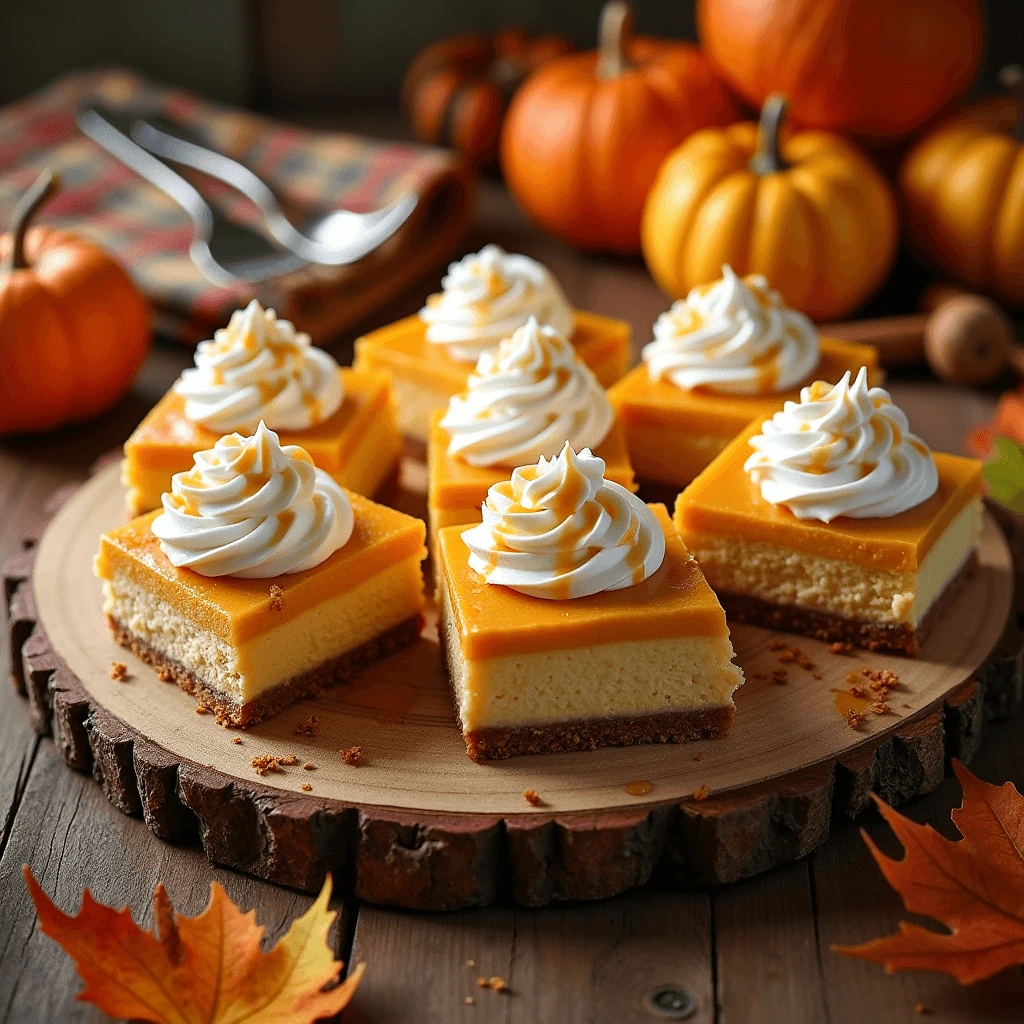 Pumpkin Cheesecake Bars with a graham cracker crust and creamy pumpkin filling