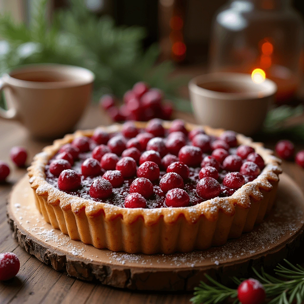 Festive cranberry tart with a buttery crust, filled with glossy cranberry filling and topped with fresh cranberries and powdered sugar.