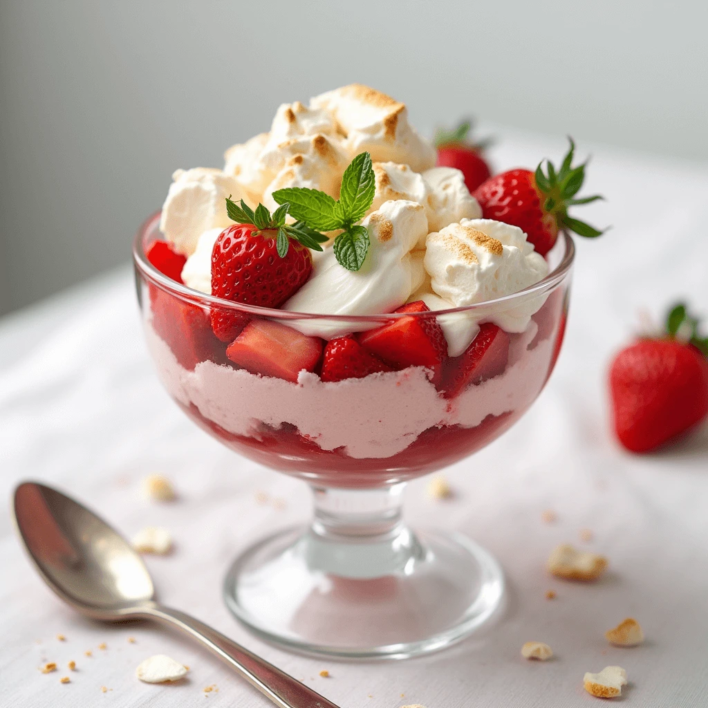 Classic Eton Mess dessert with whipped cream, strawberries, and meringue in a glass bowl, topped with mint leaves.