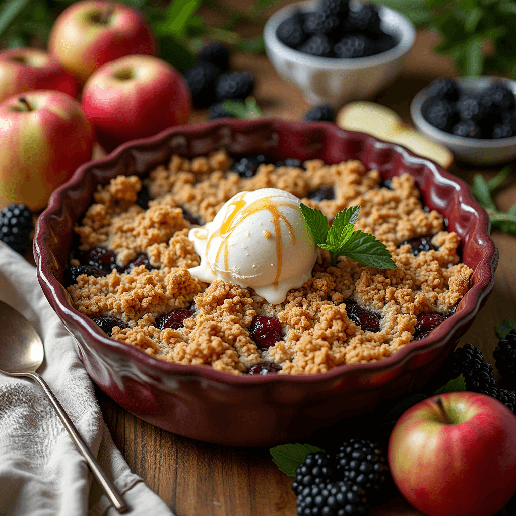 Golden, crispy gluten-free apple and blackberry crumble with a scoop of vanilla ice cream on top