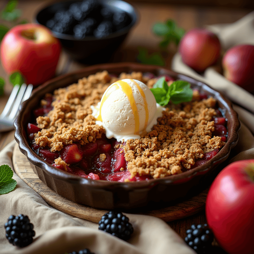 Delicious gluten-free apple and blackberry crumble served warm with fresh blackberries and a dollop of whipped cream