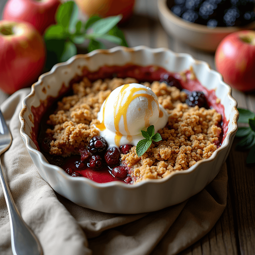 Freshly baked gluten-free apple and blackberry crumble served in a rustic dish with a golden oat topping