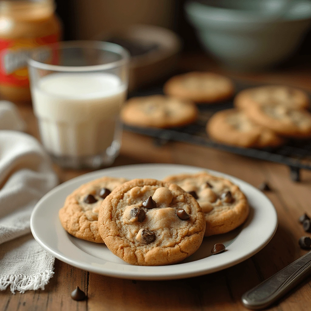 Plate of soft and chewy peanut butter chocolate chip cookies with a glass of milk, fresh out of the oven.