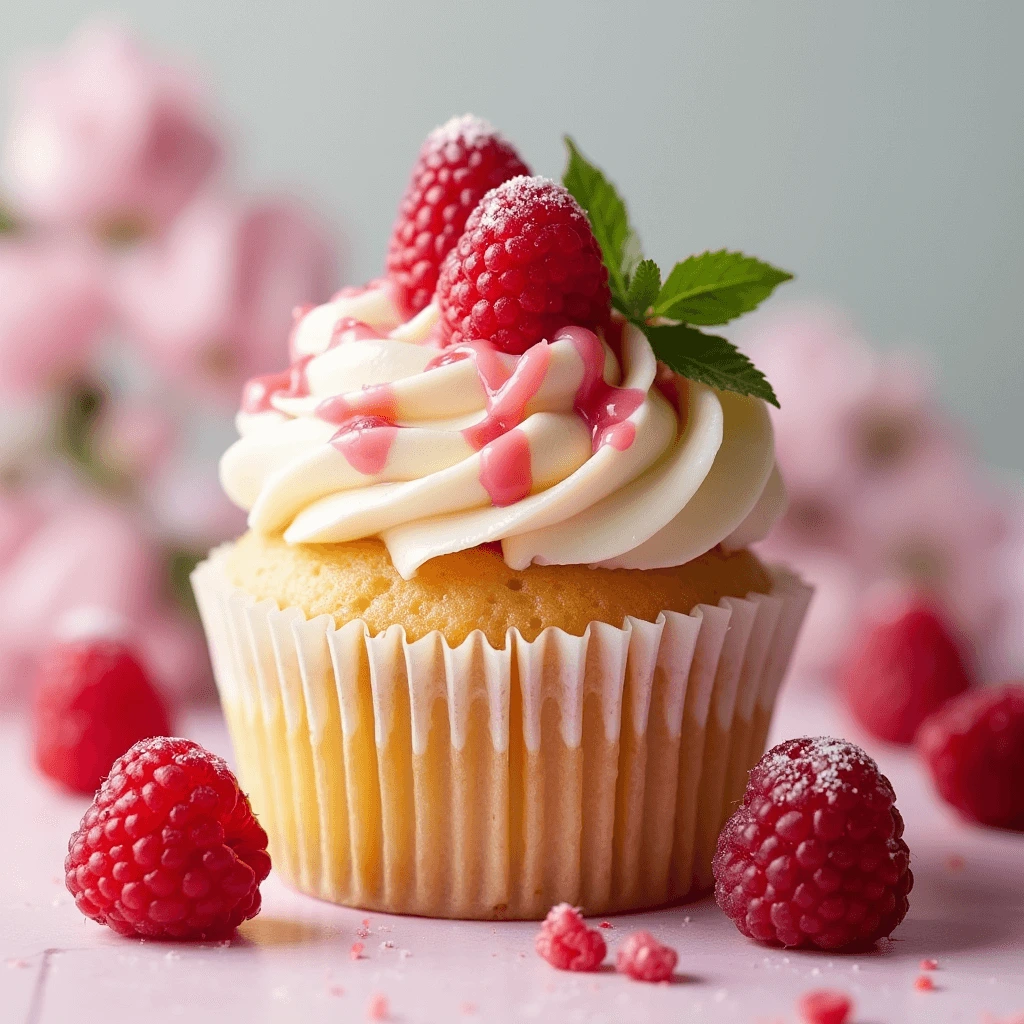 Delicious white chocolate raspberry cupcakes topped with creamy frosting and fresh raspberries.