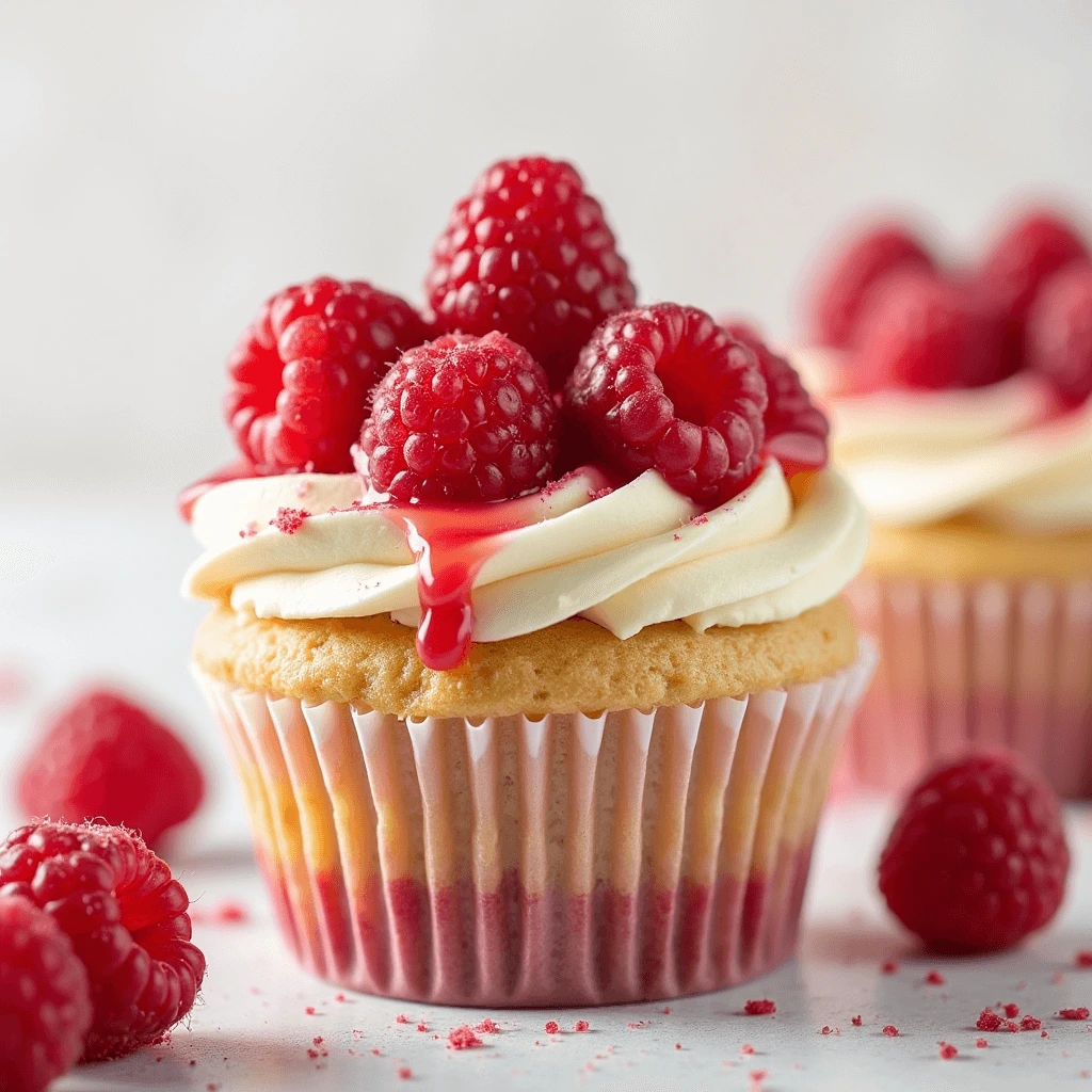 A moist white chocolate raspberry cupcake topped with creamy white chocolate frosting, fresh raspberries, and a drizzle of raspberry sauce, displayed on a bright and elegant background.