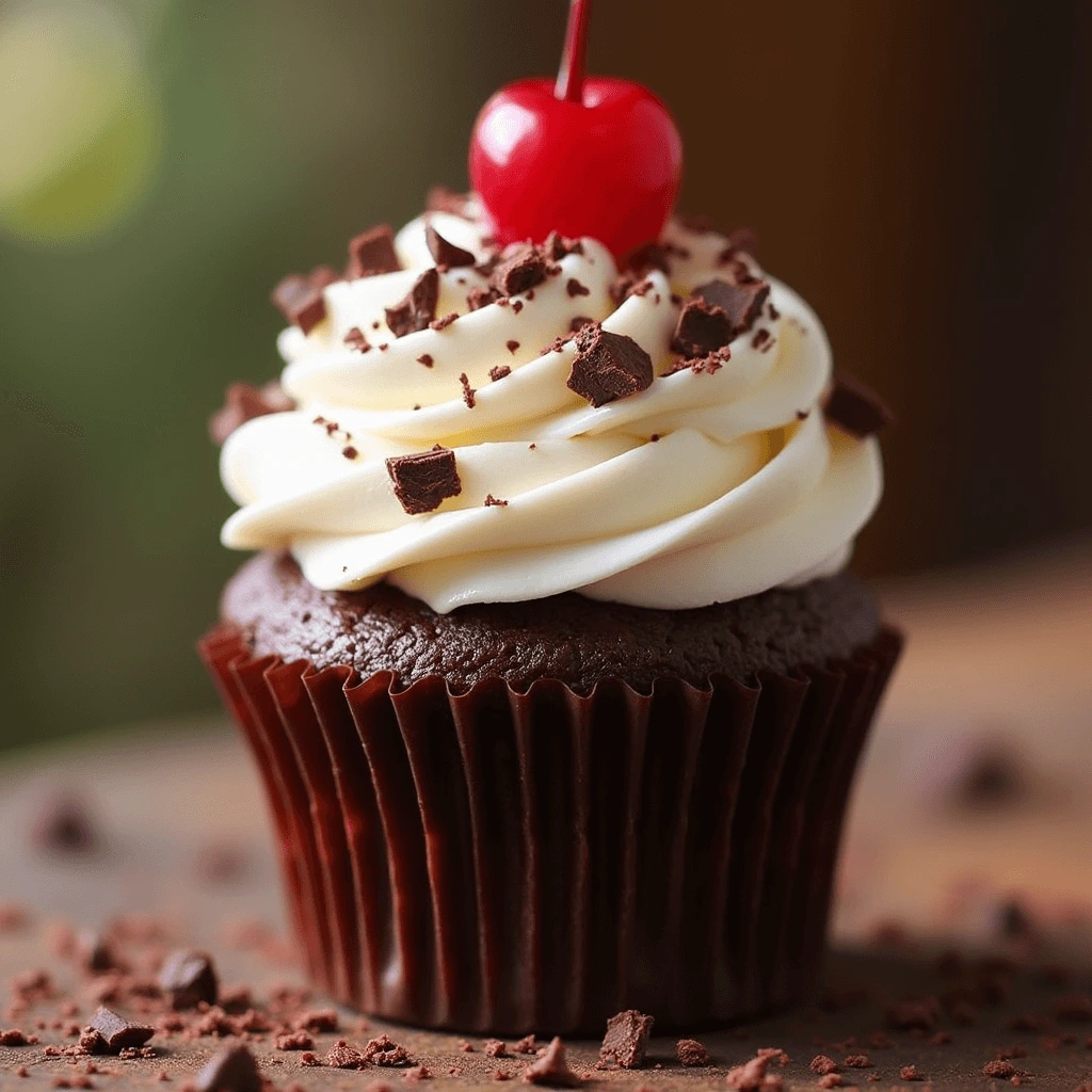 Delicious black forest cupcakes with chocolate shavings and fresh cherries.