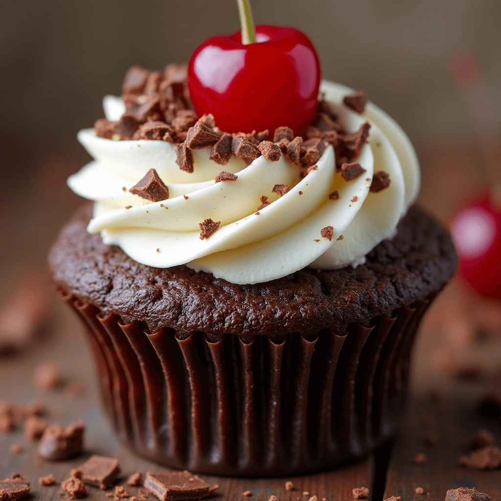 Close-up of a black forest cupcake topped with whipped cream and a cherry.