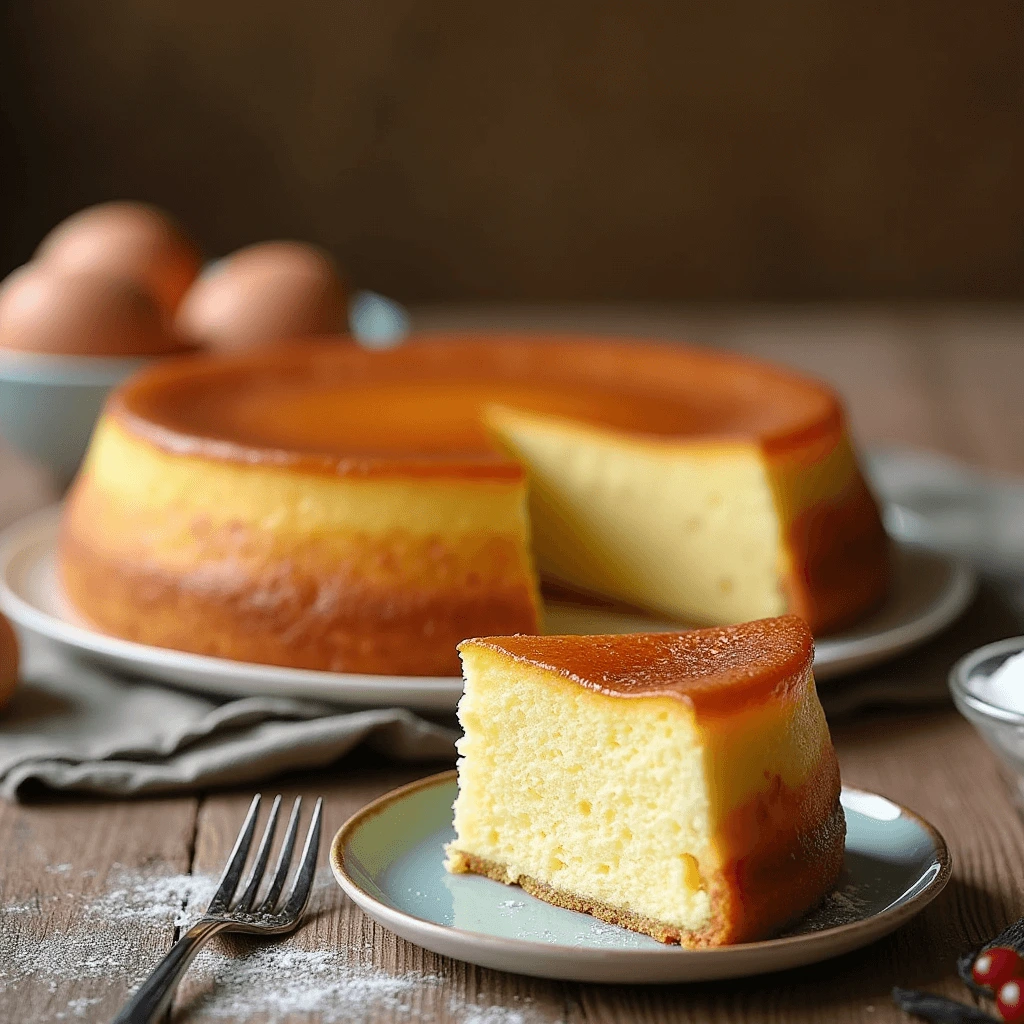 Simple custard cake with a golden-brown top and creamy custard layer, served with fresh berries.