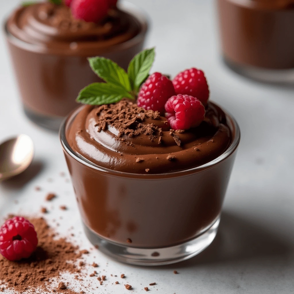 Vegan Chocolate Aquafaba Mousse in a serving glass topped with fresh berries