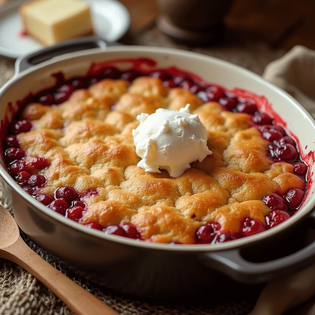 Delicious cherry dump cake with a golden, crisp topping, revealing sweet and juicy cherries underneath.