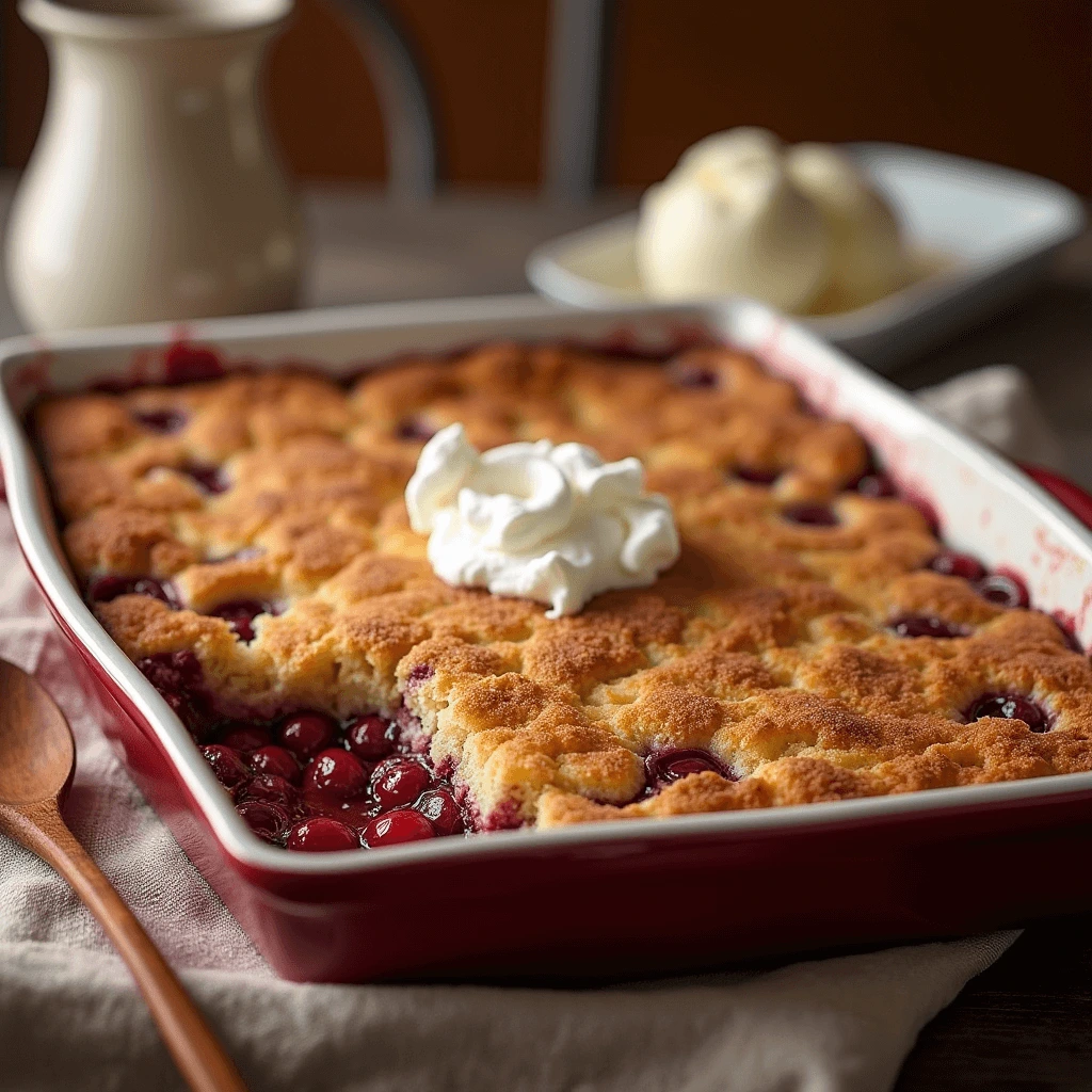 Cherry dump cake in a baking dish topped with whipped cream and served with vanilla ice cream, placed on a rustic table with a cozy kitchen setting.