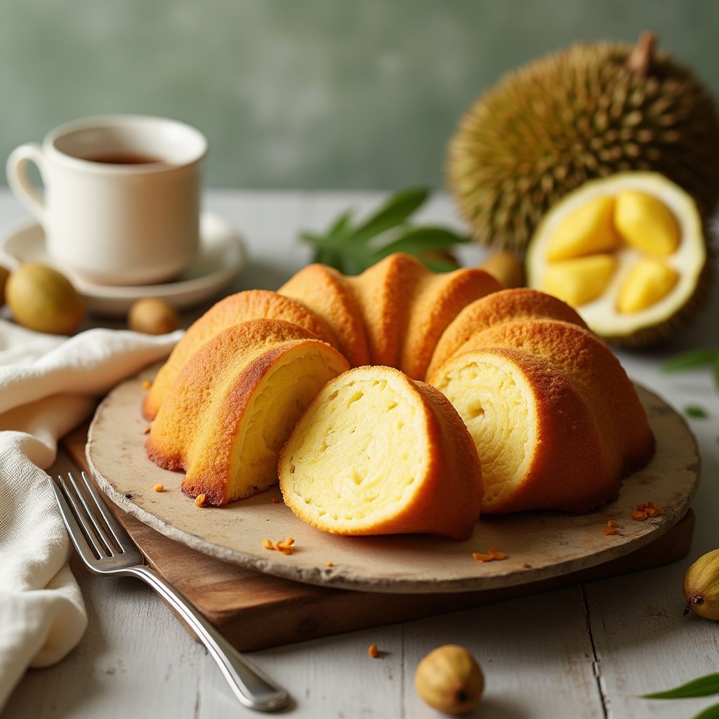 A moist and golden-brown durian cake sliced to reveal its fluffy interior, garnished with fresh durian fruit