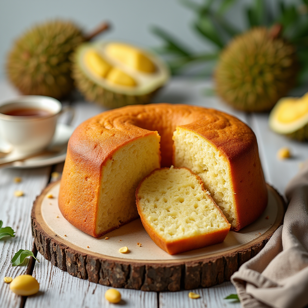 A simple durian cake served on a wooden platter with tropical decorations and a cup of tea.