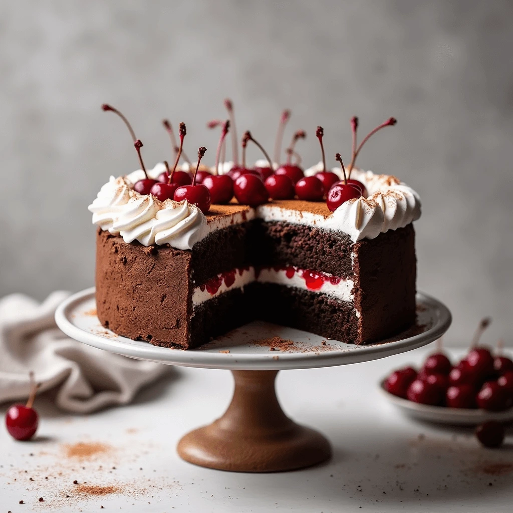 Full Black Forest Cake on a cake stand, topped with fresh cherries and whipped cream.