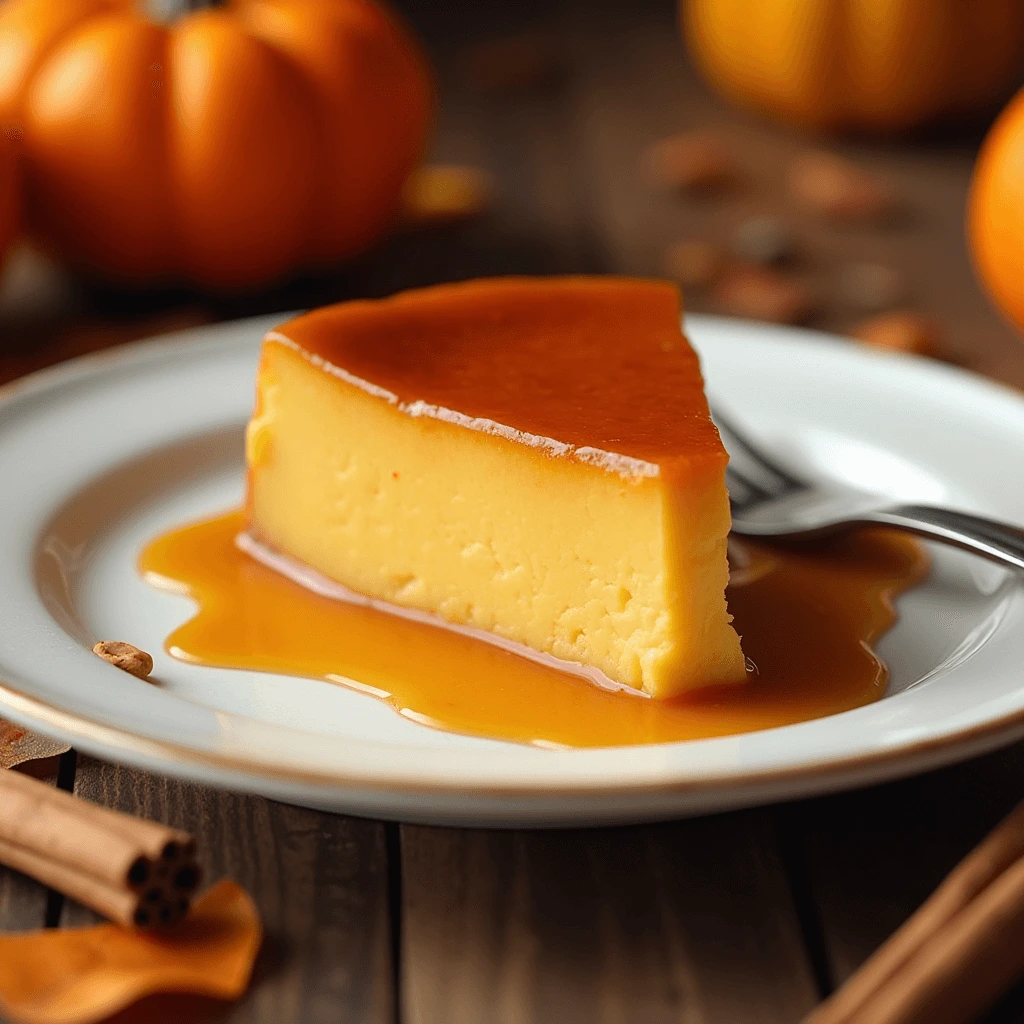 Smooth and creamy pumpkin flan with a golden caramel topping, ready to serve as a festive dessert.