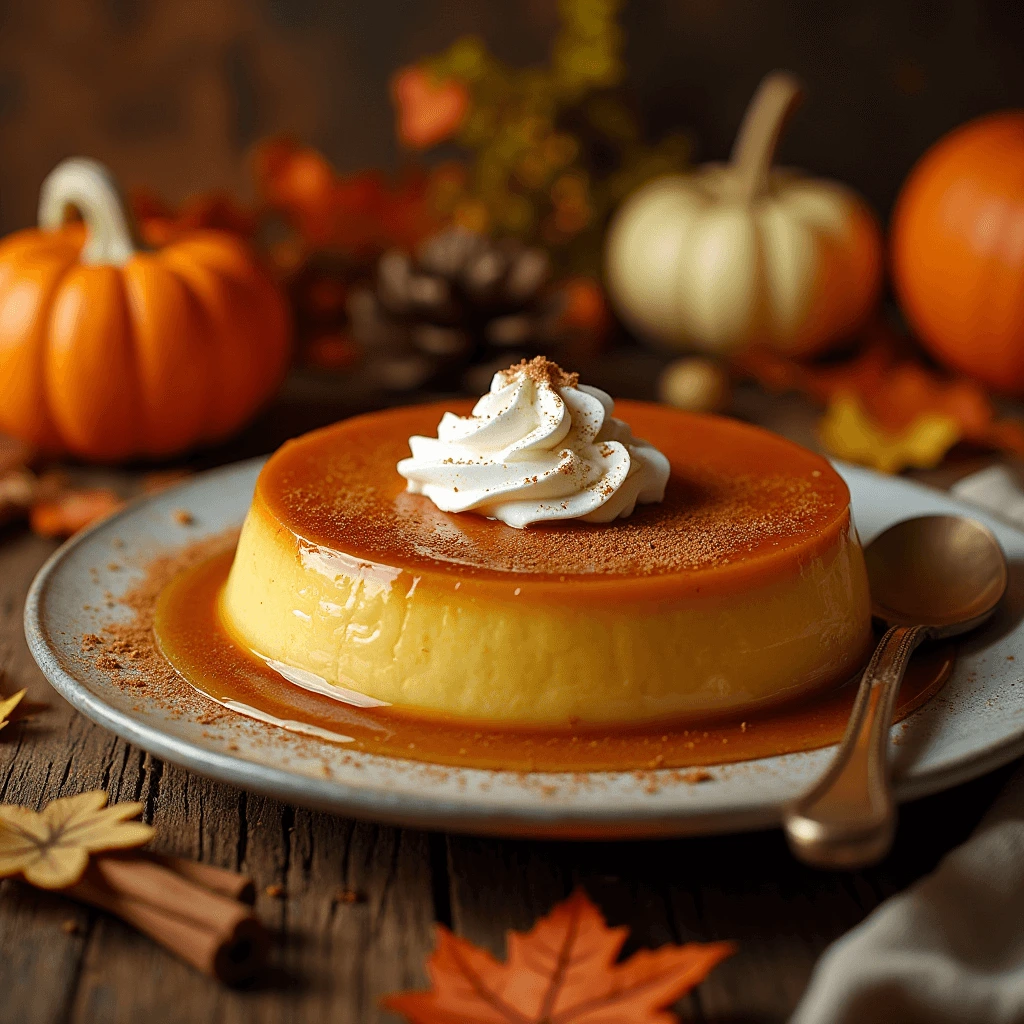 A slice of homemade pumpkin flan with a caramelized top, served on a white porcelain plate, garnished with cinnamon sticks and autumn leaves.