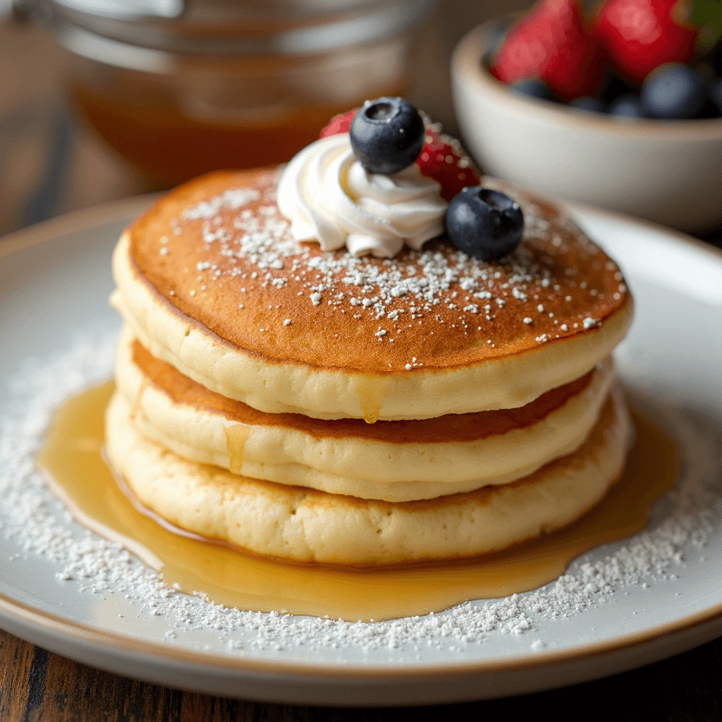 Fluffy and tall authentic Japanese pancake served with syrup, butter, and fresh fruit.