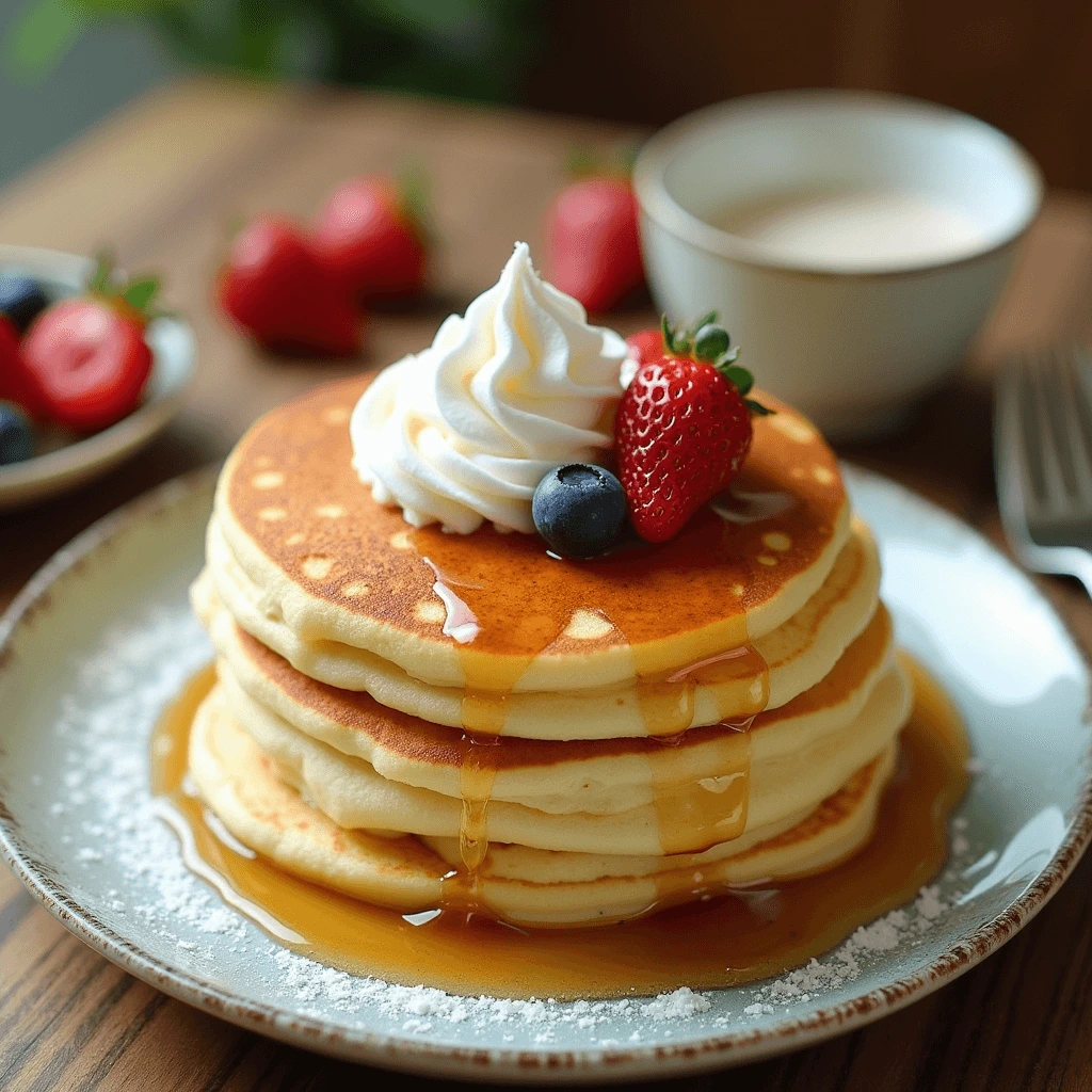 Fluffy and tall authentic Japanese pancake served with syrup, butter, and fresh fruit.