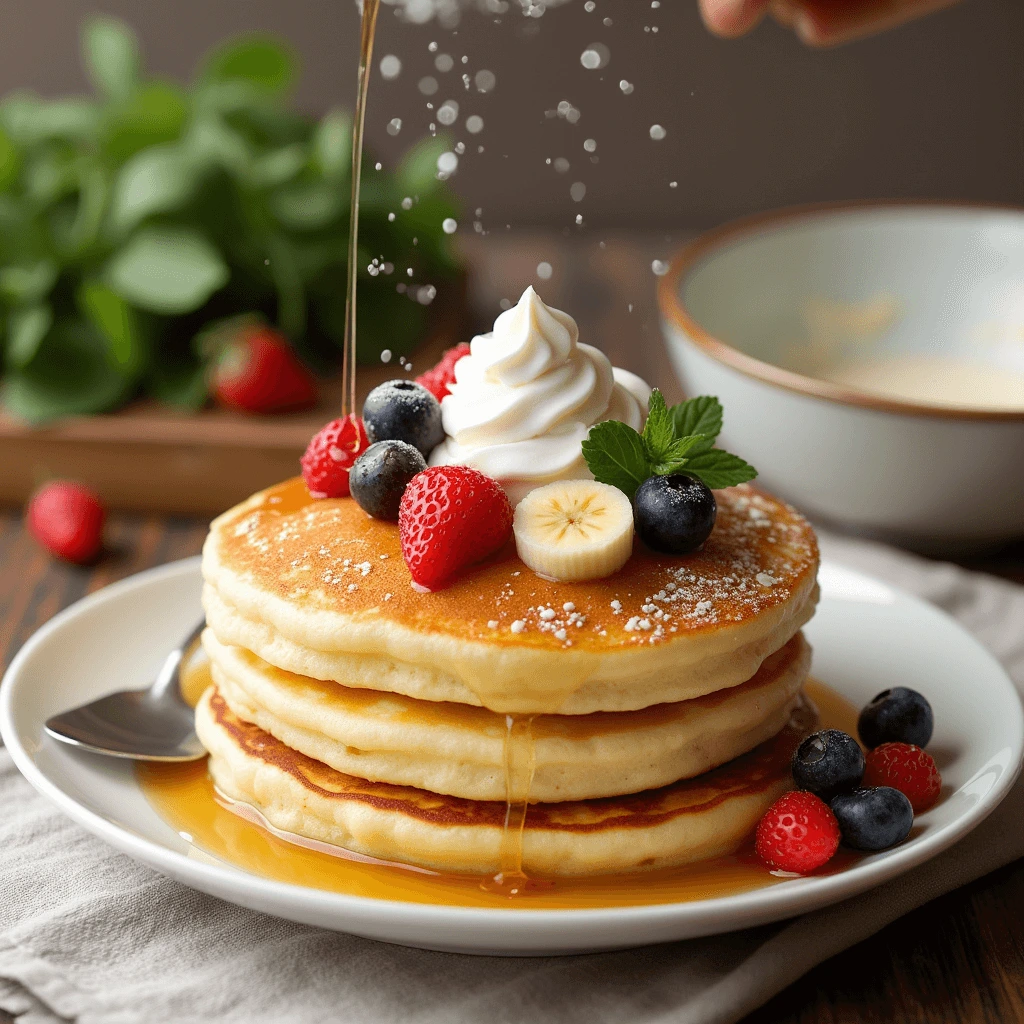 Fluffy Japanese pancakes served with whipped cream, fresh berries, and syrup on a plate