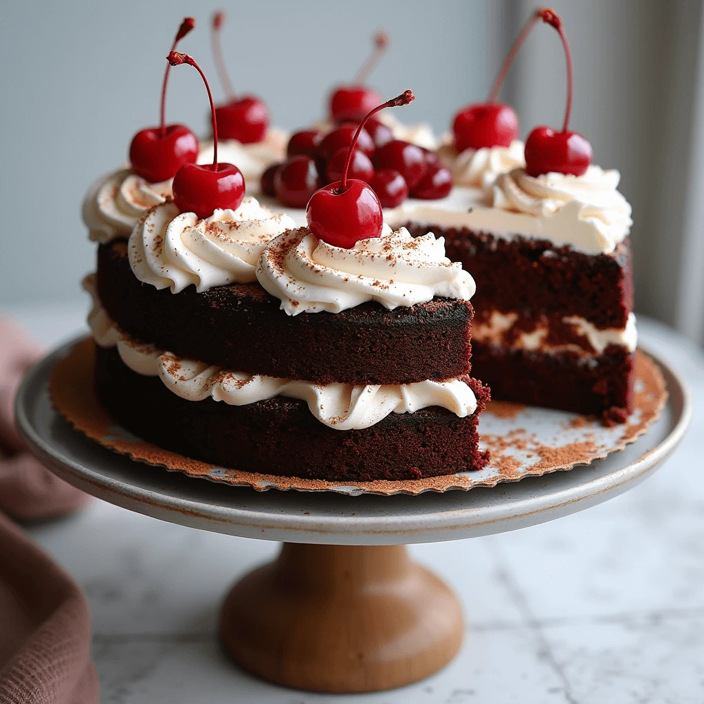 A slice of Black Forest Cake with layers of chocolate, whipped cream, and cherries.