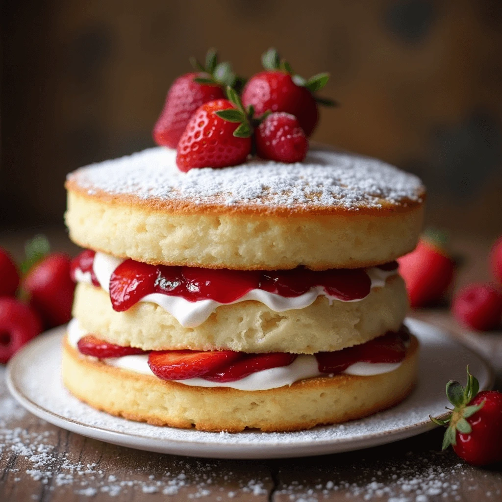 Close-up of a Victoria sponge cake with fresh berries and a dusting of icing sugar, ready to be served.