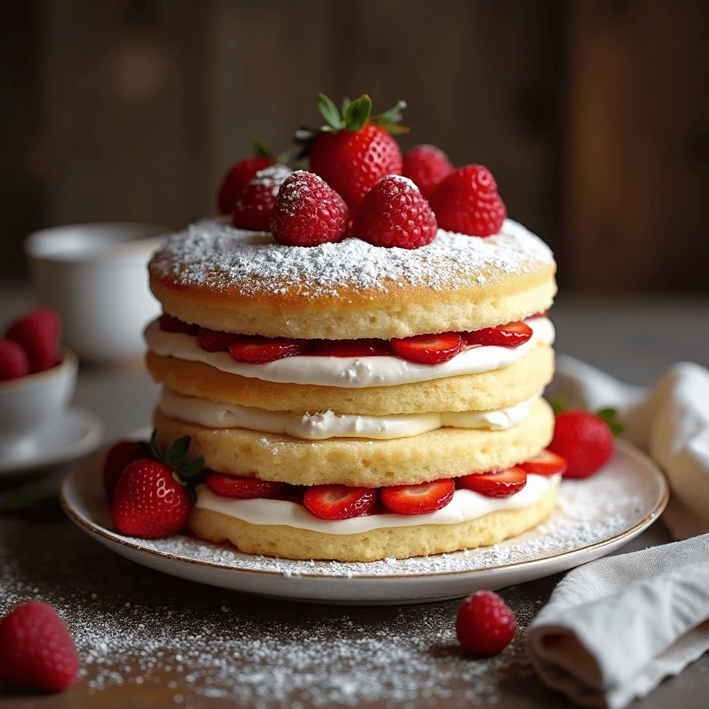 A beautifully decorated Victoria sponge cake with layers of fluffy sponge, strawberry jam, and whipped cream