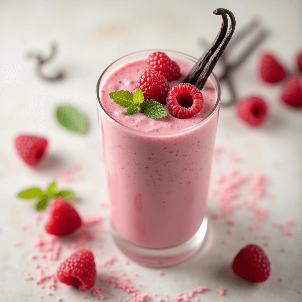 Delicious Raspberry and Vanilla Smoothie in a glass with fresh raspberries and vanilla beans on top