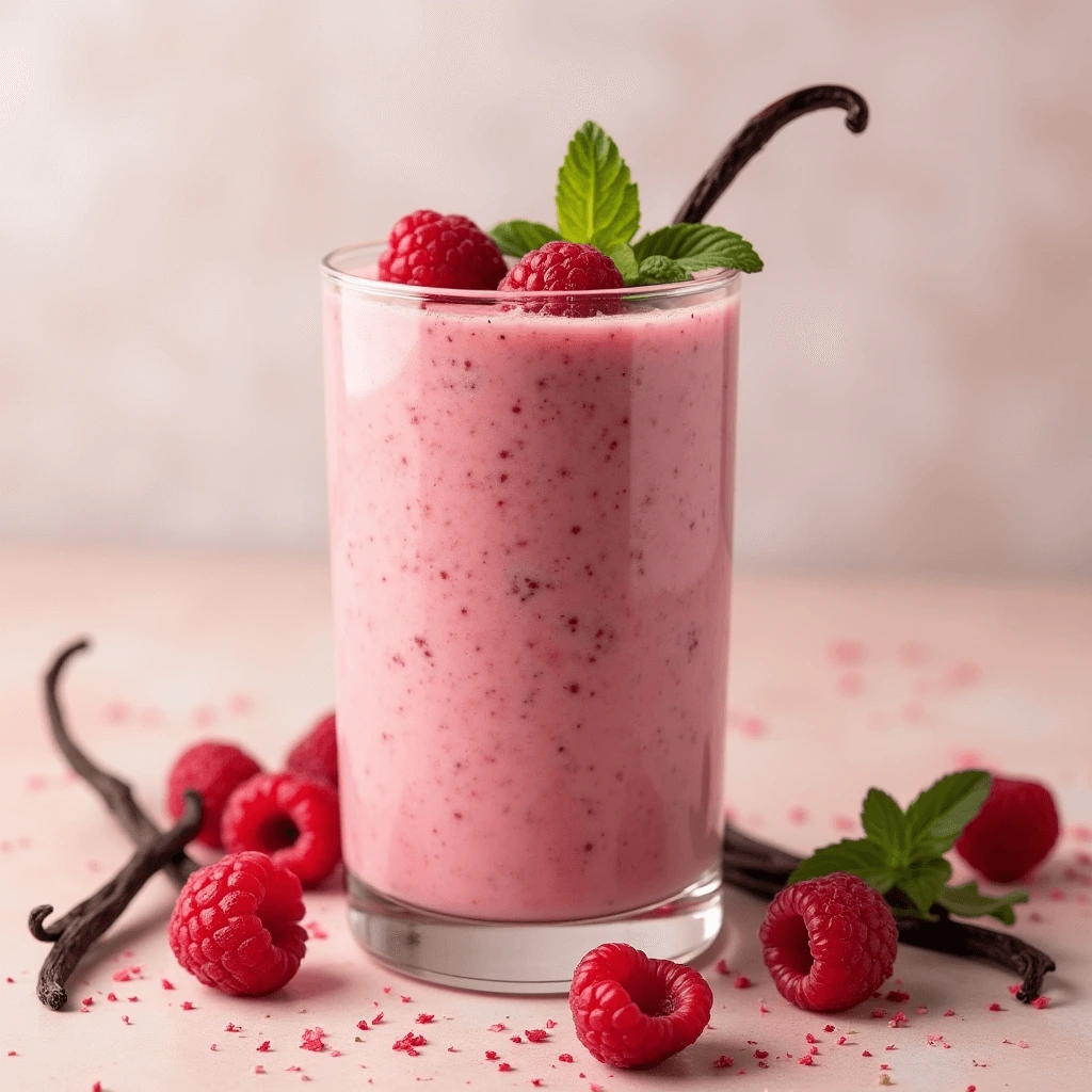 Raspberry and Vanilla Smoothie: A refreshing, creamy smoothie made with fresh raspberries and vanilla yogurt, served in a glass with a swirl of cream.