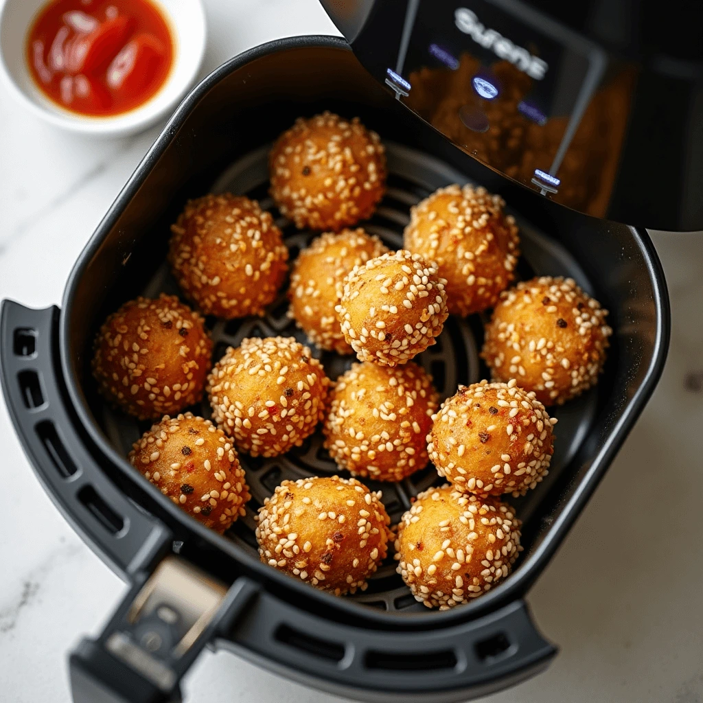 Golden, crispy air fryer sesame balls with a sweet red bean filling, served on a plate.