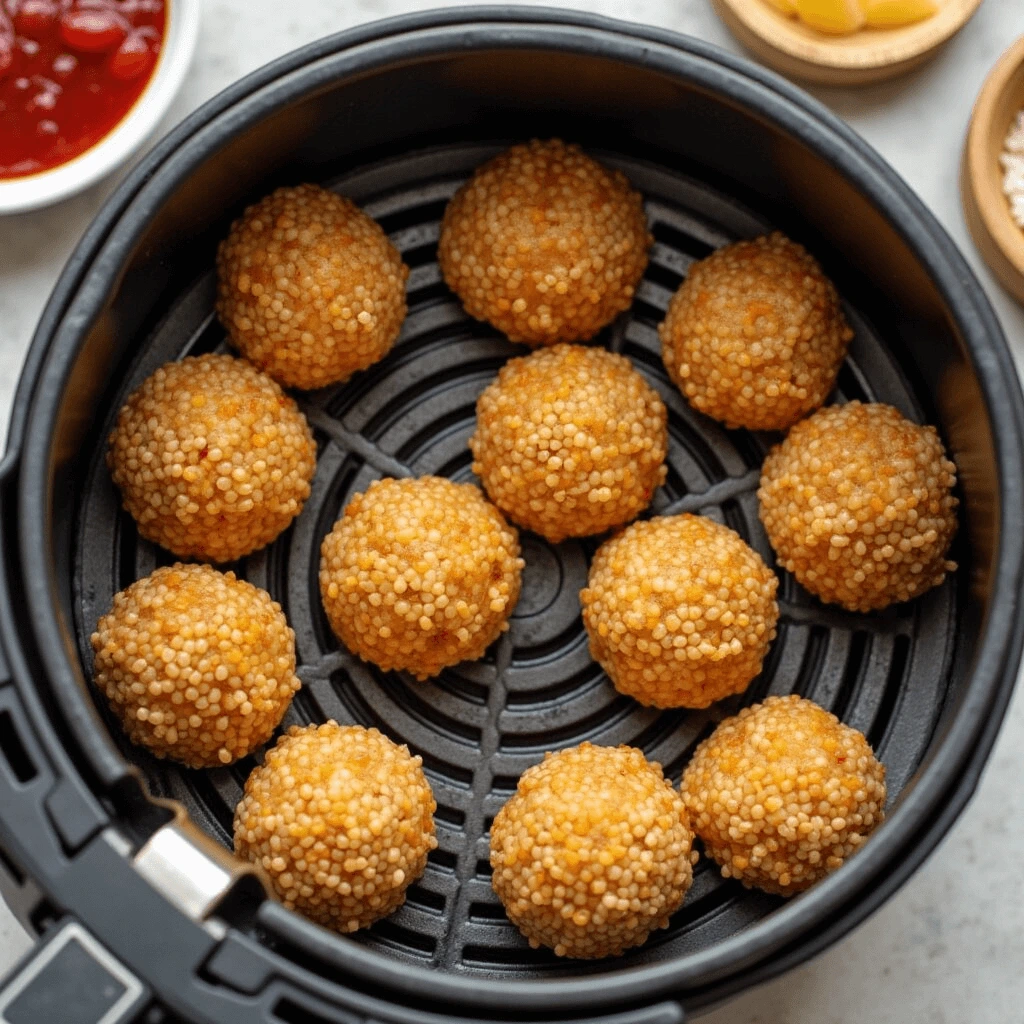 Golden and crispy air fryer sesame balls filled with sweet red bean paste, a perfect snack.