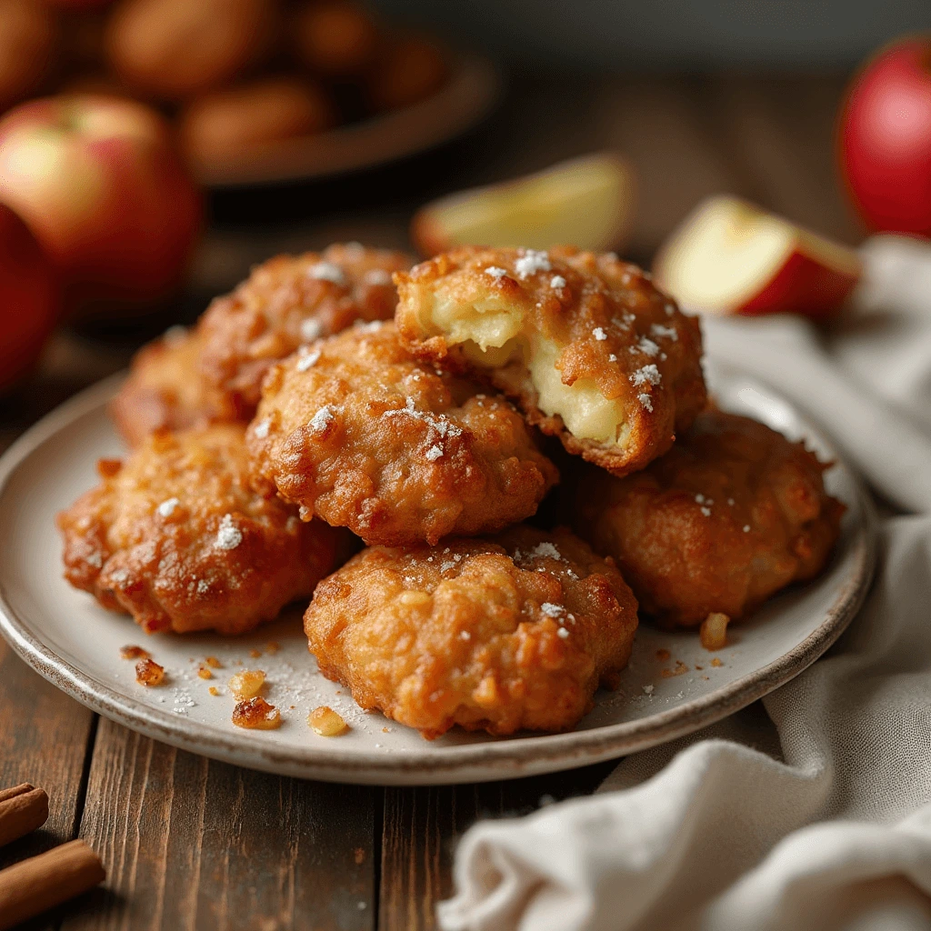 Freshly made apple fritters served on a cozy kitchen table with a drizzle of glaze.