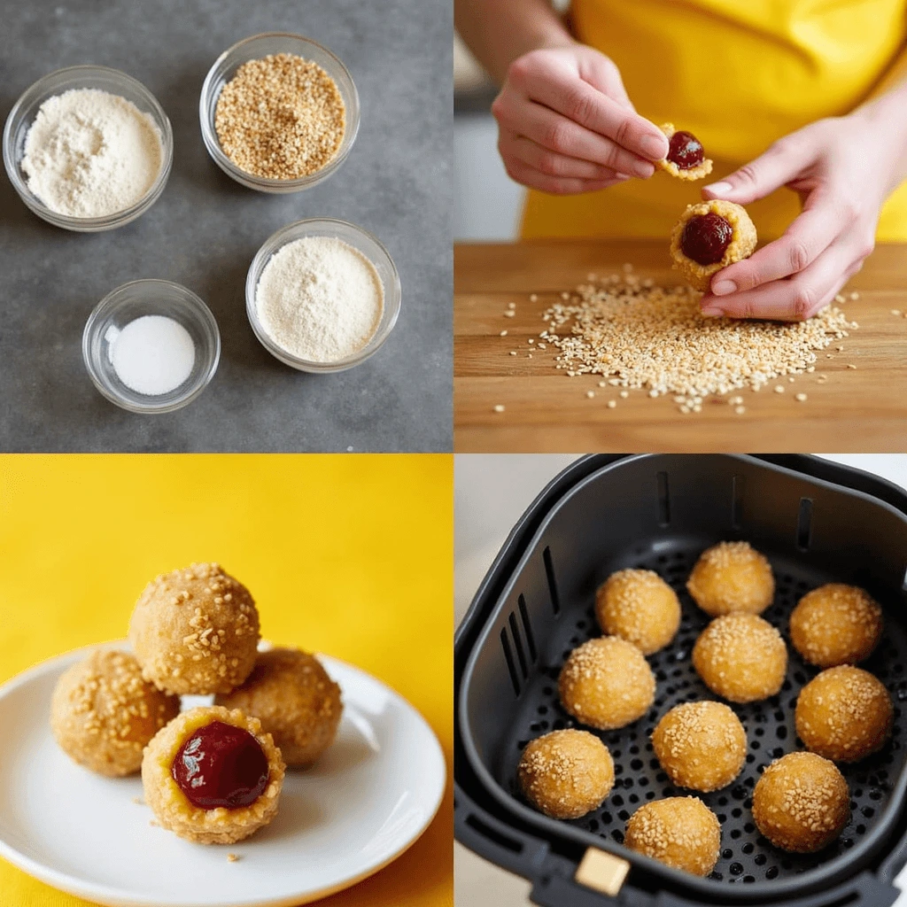 Ingredients for Air Fryer Sesame Balls: glutinous rice flour, sesame seeds, sweet red bean paste, sugar.