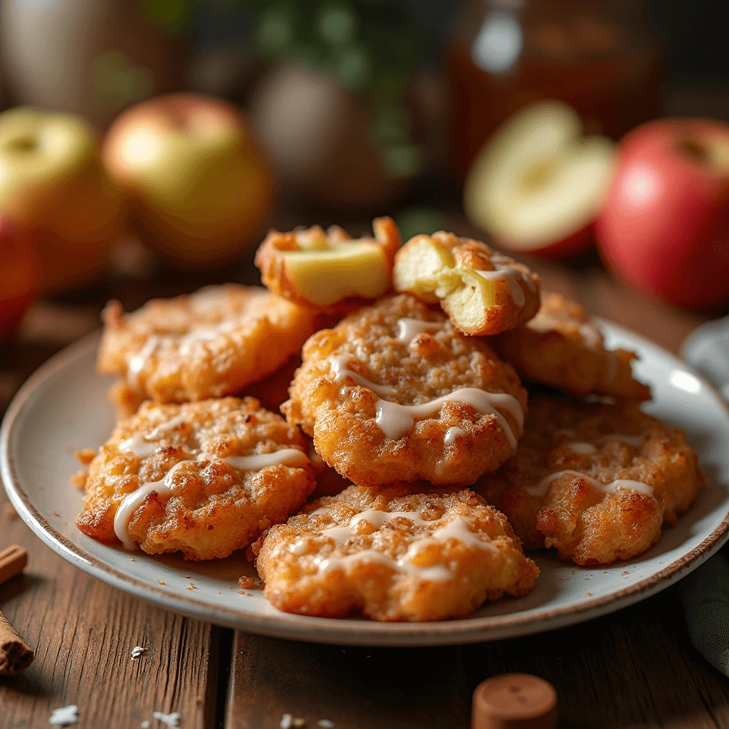 Golden, crispy apple fritters with a light glaze on a rustic wooden table.