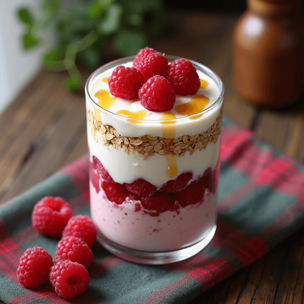 Delicious cranachan dessert made with whipped cream, honey, raspberries, oats, and whisky, served in a glass jar.