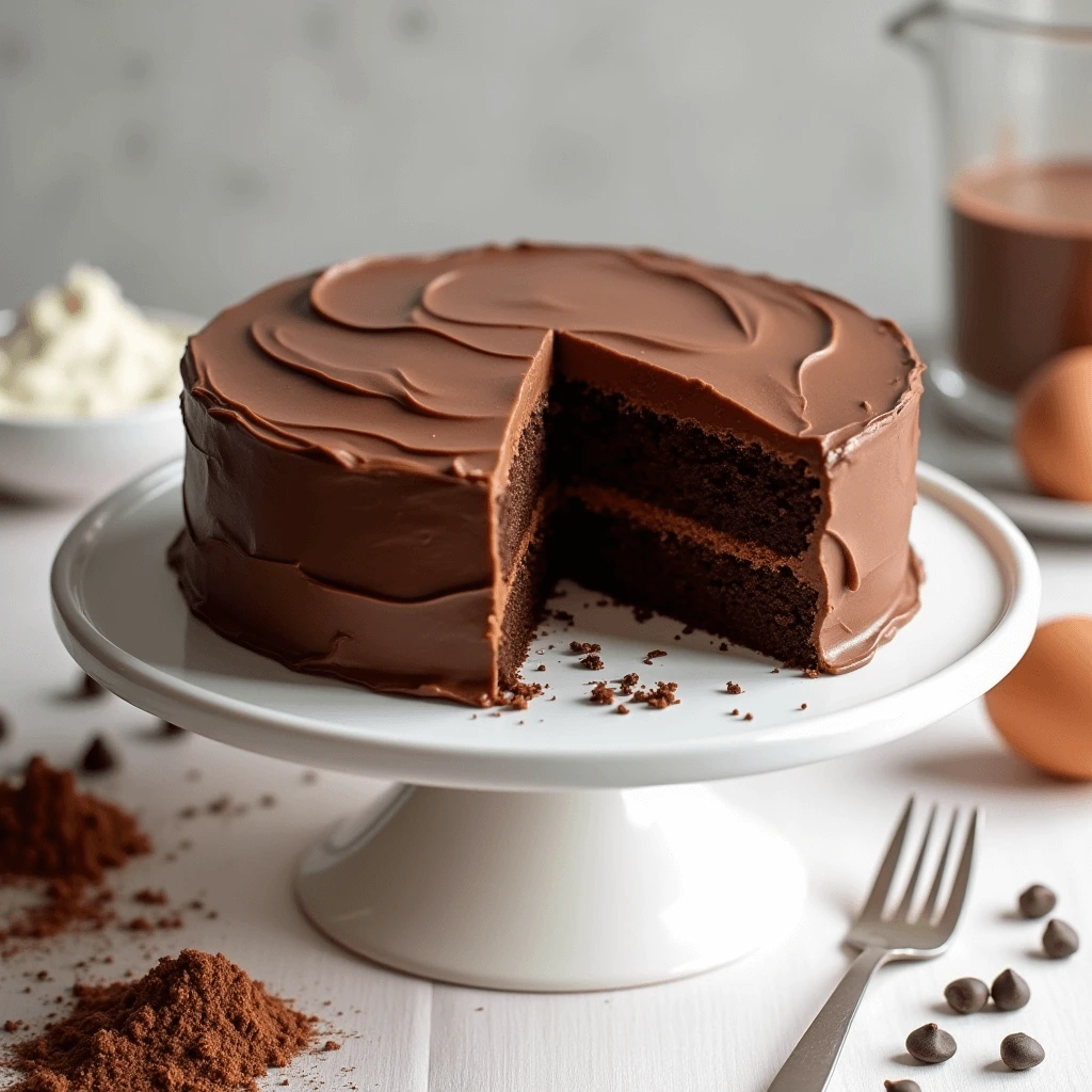 Moist and rich gluten-free chocolate cake topped with a smooth, velvety chocolate frosting.