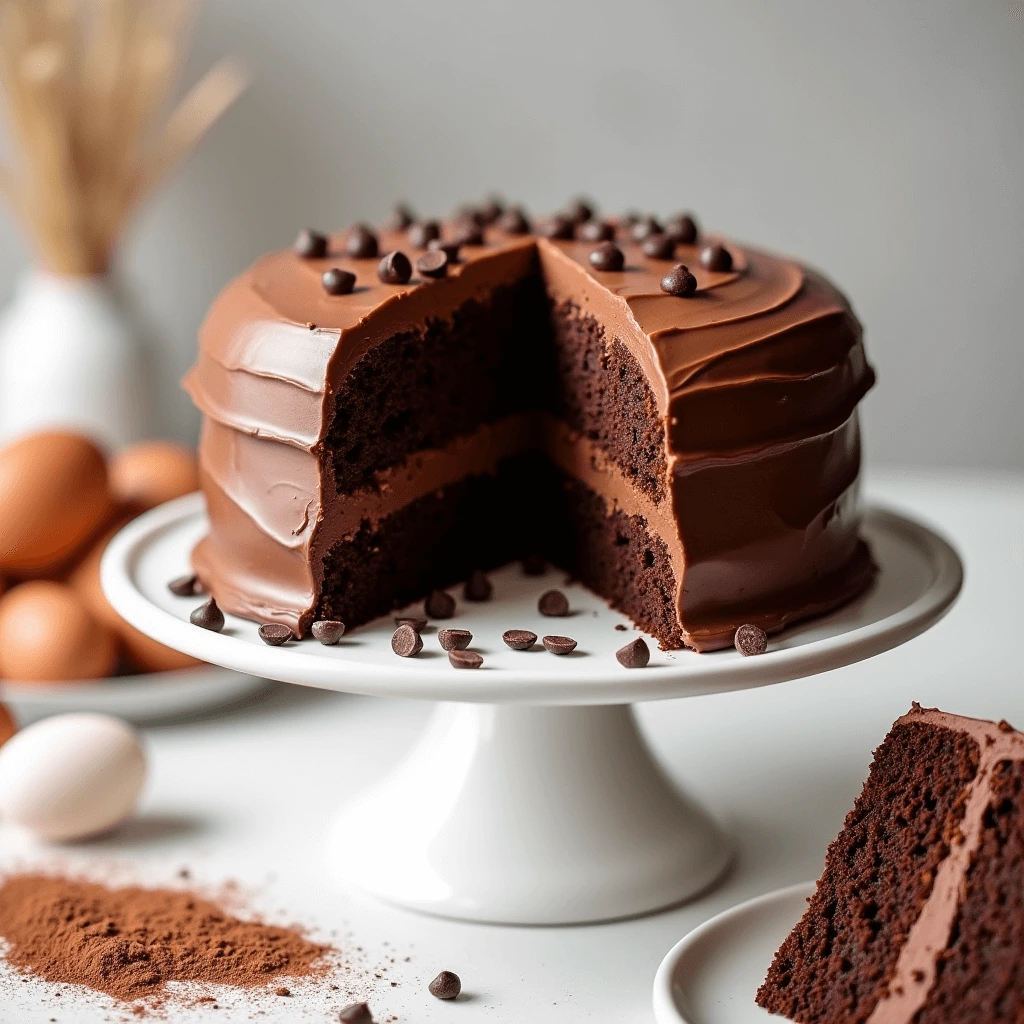 Easy gluten-free chocolate cake with smooth chocolate frosting and a slice cut out to show moist texture, decorated with chocolate chips.