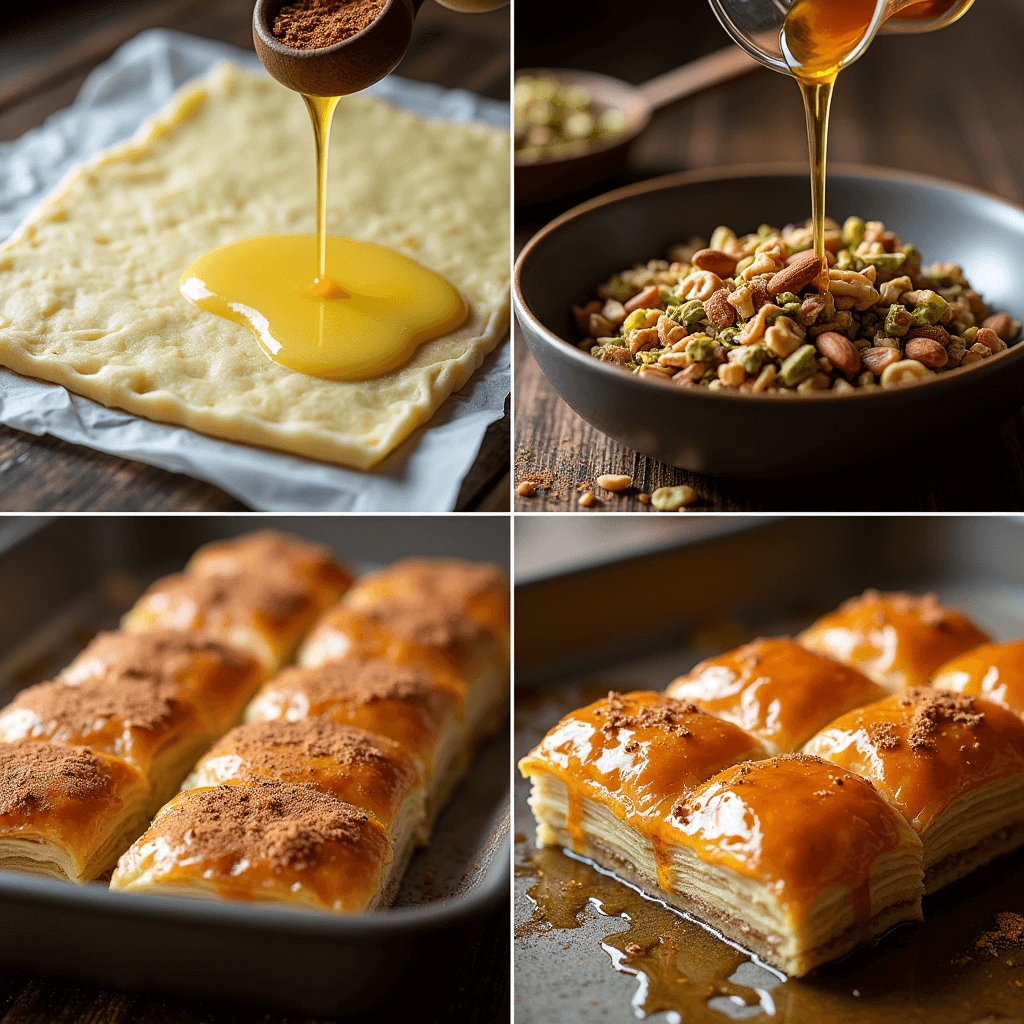 Golden, flaky Greek Baklava layers filled with chopped nuts and sweetened with honey syrup, served in a beautiful cut shape.