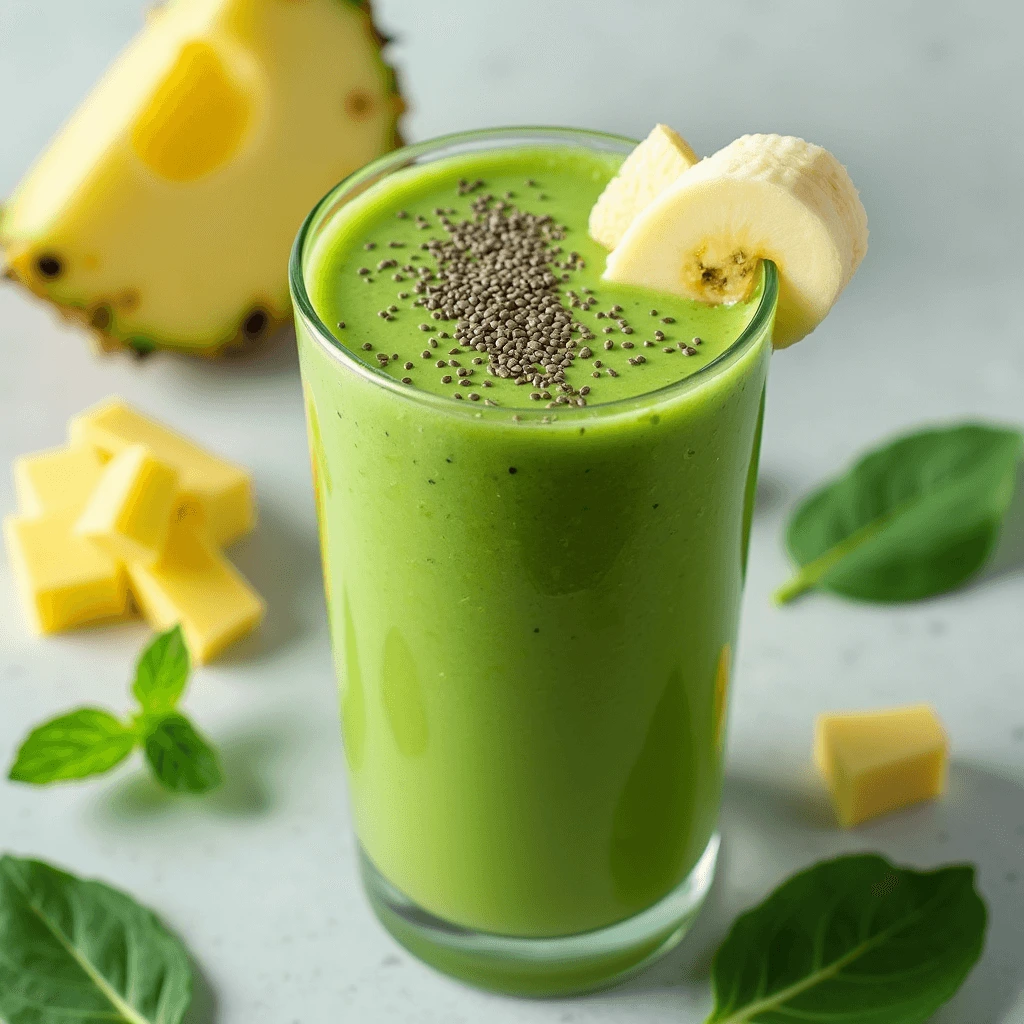 Green Smoothie: A vibrant blend of spinach, kale, and fruit, served in a glass with a refreshing green color and topped with fresh fruit slices