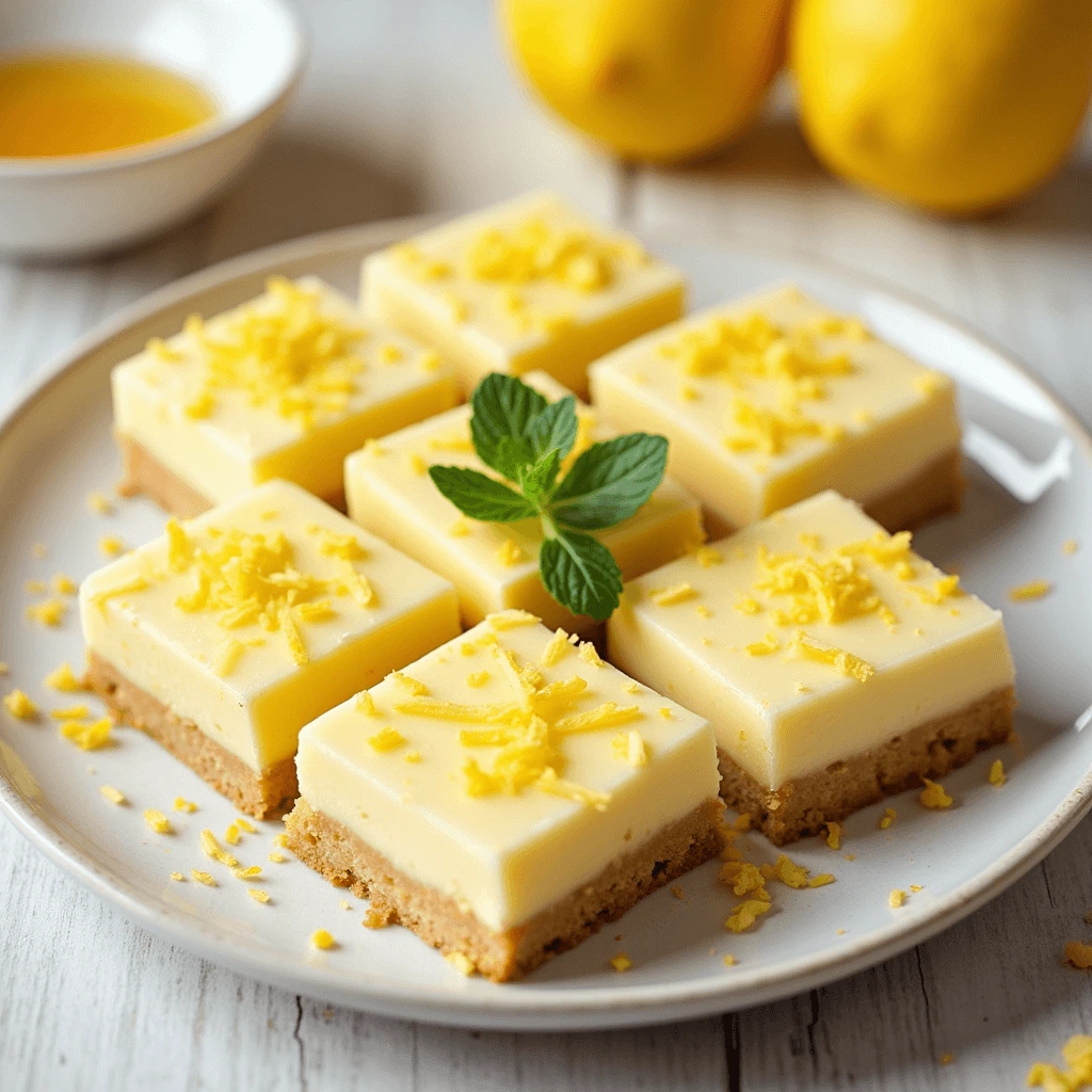 Lemon bars cut into squares and garnished with lemon zest and mint leaves for a refreshing touch.