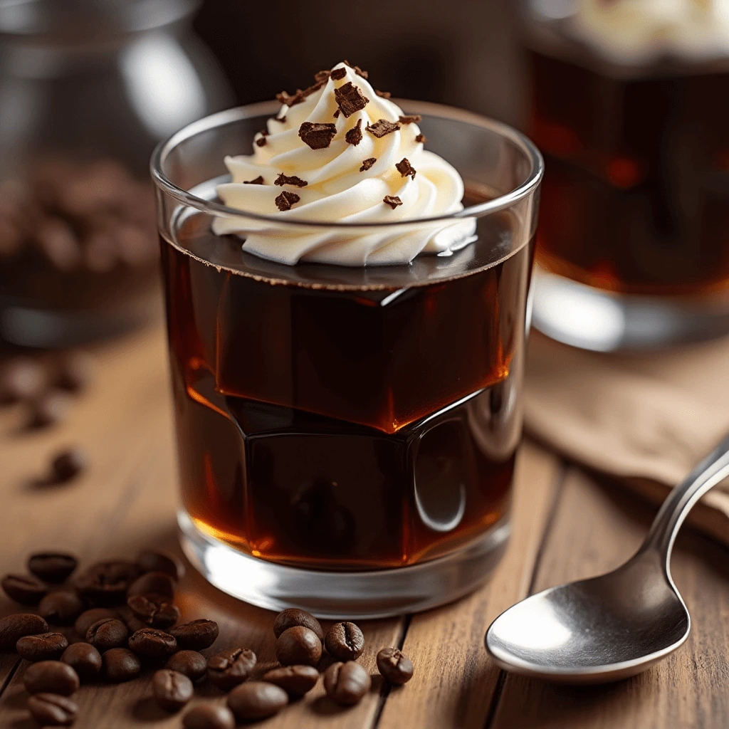 Close-up of coffee jelly cubes in a glass, topped with whipped cream and chocolate sprinkles.